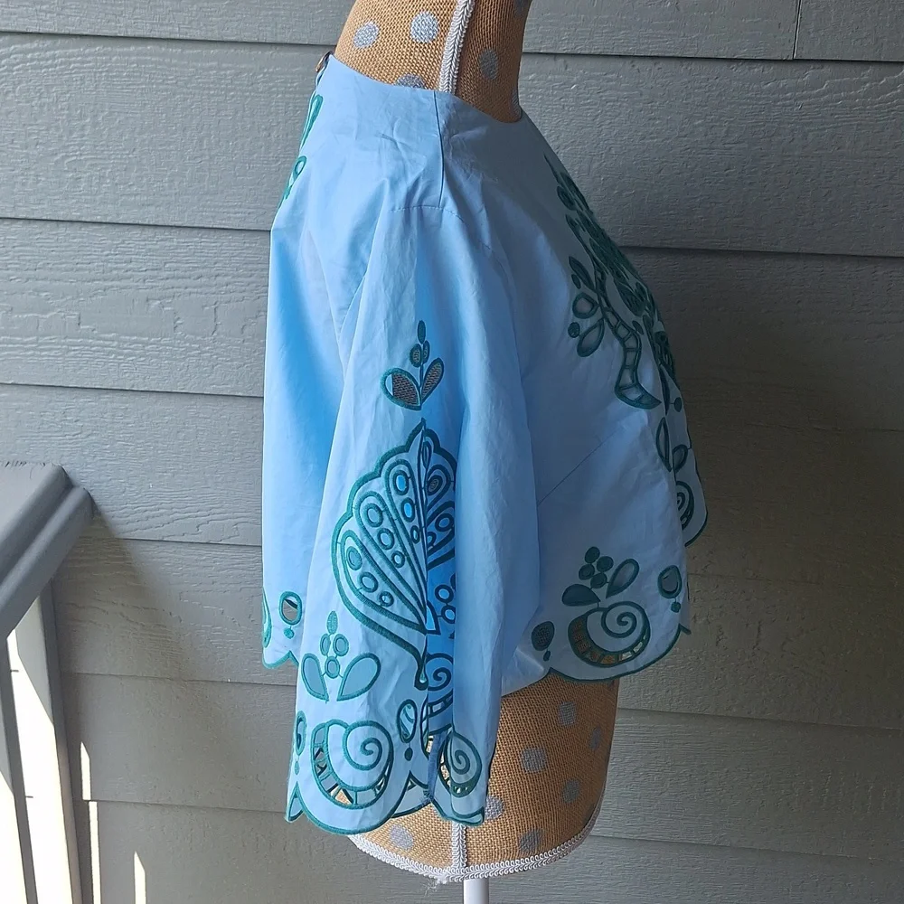 Farm Rio Richelieu Light Blue And Green Cropped Scalloped Hem Top Size XL Cotton - Picture 11 of 15